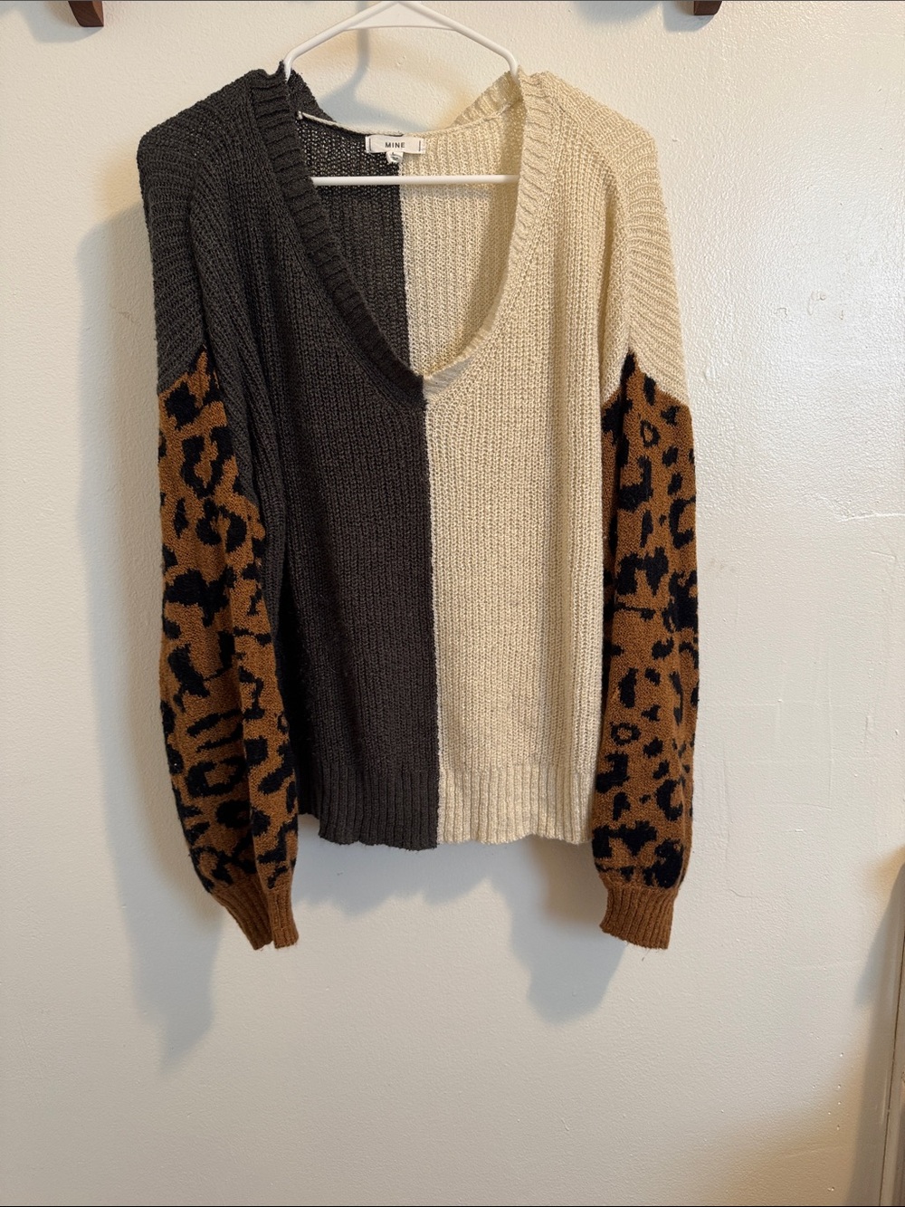mine Two-Tone V-Neck Sweater in Black, Cream & Brown Leopard Sleeves